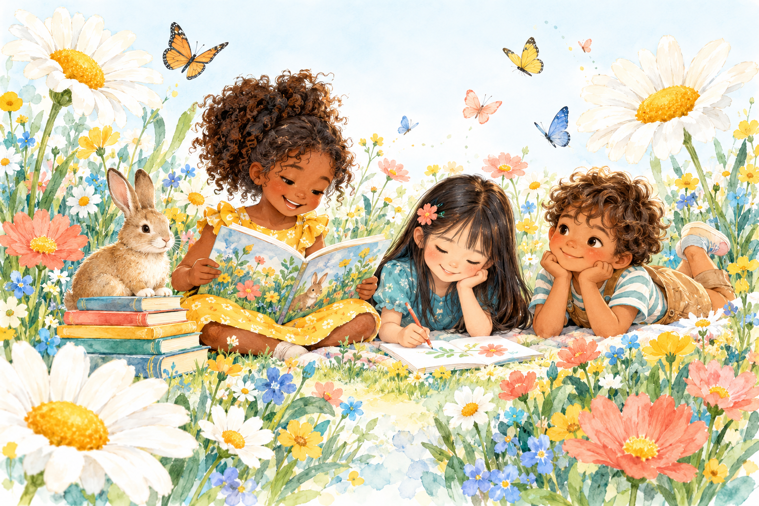 Children reading and creating together in a colorful flower garden